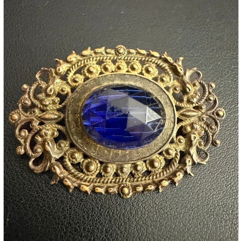 Vintage Rhinestone Sash Pin Brooch Victorian Revival Cobalt Blue